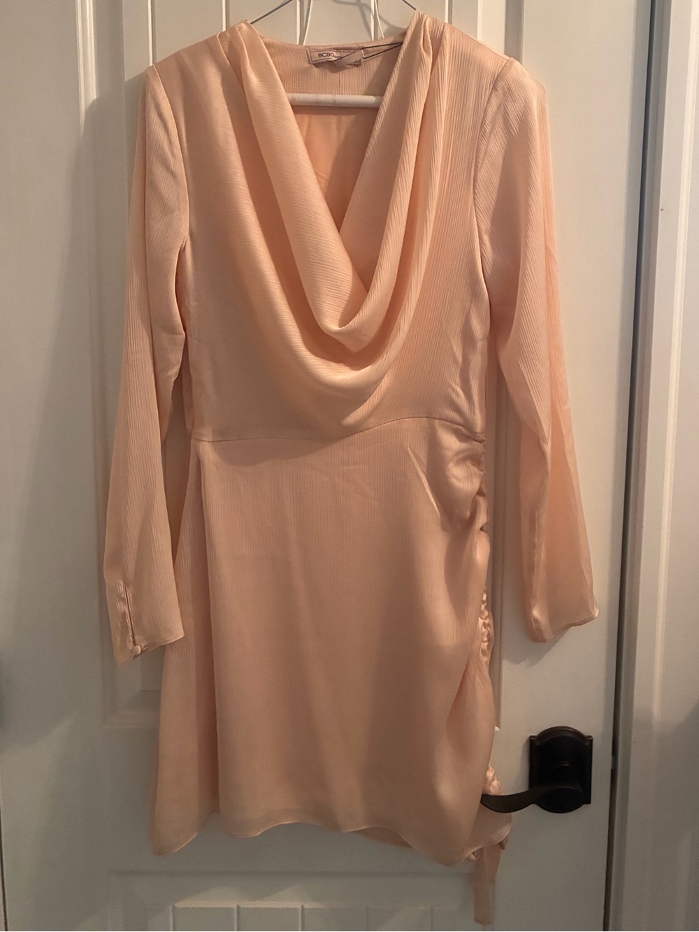 BCBG (NWT) Blush Peach Draped Cowl Neck Rouched Dress